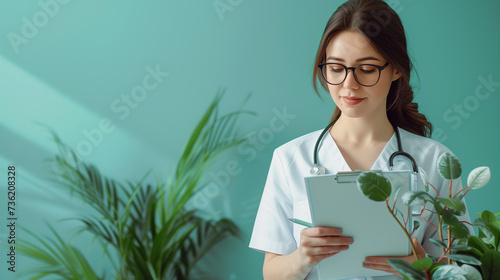 Woman in Healthcare, Female Doctor or Nurse in a White Uniform with Stethoscope and Clipboard Standing Next to Plants on Mint Background, Medical Care. photo