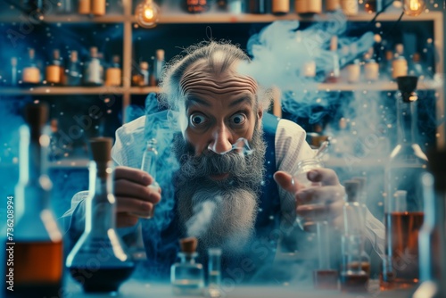 A crazy alchemist genius with chemical bottles and test tubes is experimenting in his laboratory creating new chemical ingredients