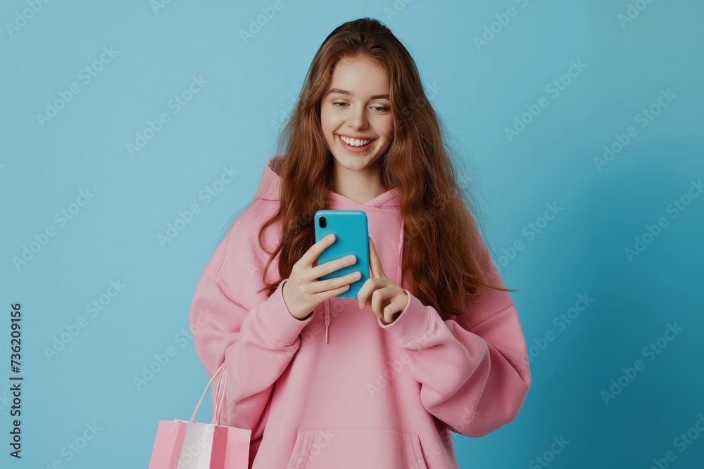 A smiling girl on a blue background with a phone in her hands and a grocery bag. Online shopping in an online store
