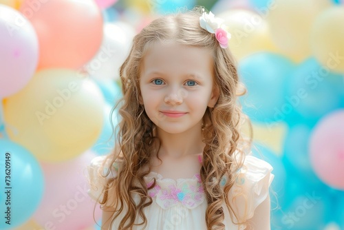 Portrait of a smiling baby on her birthday against the background of festive balloons.