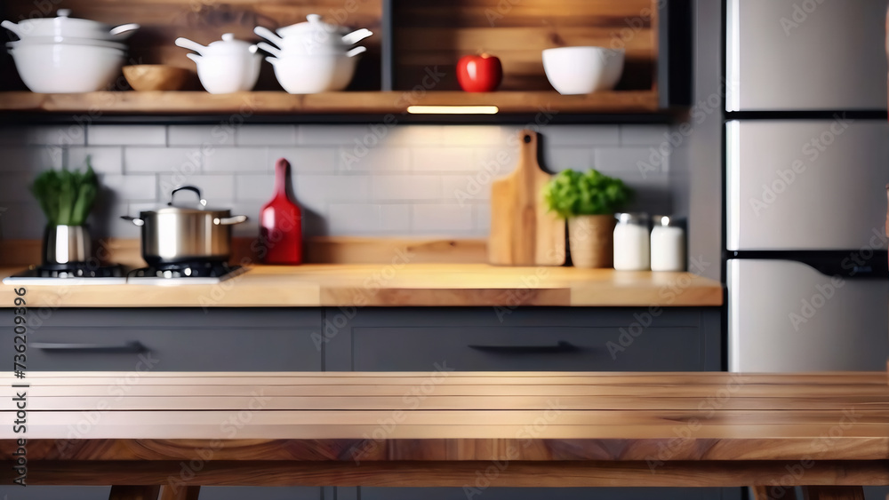 Wooden table in blurred kitchen background.