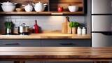 Wooden table in blurred kitchen background.