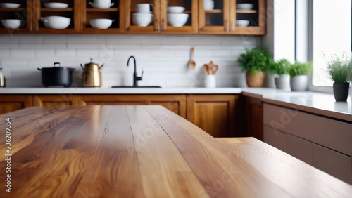 Wooden table in blurred kitchen background.