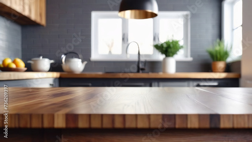Wooden table in blurred kitchen background. © aiartth