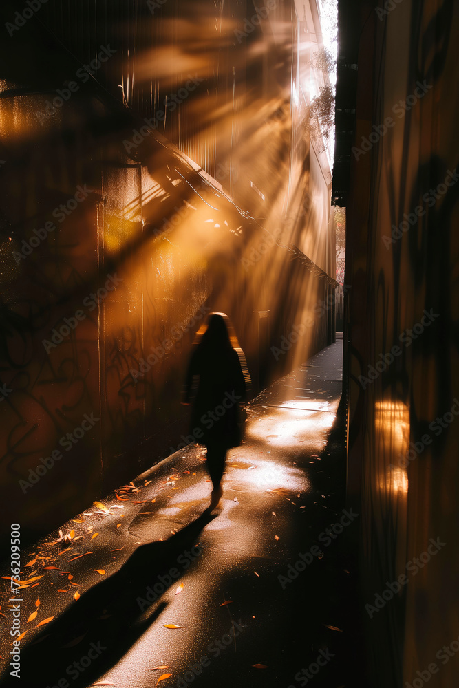 Hope. A solitary silhouette moves towards the light streaming through an urban alley, embodying a metaphor for finding hope and spiritual guidance amidst life's shadows.