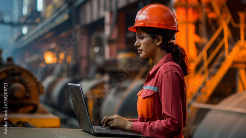 Indian female workers using laptops in factories and warehouses wearing hard hats while smiling