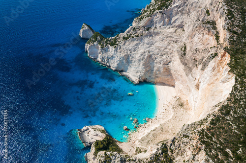 White cliffs and beautiful beach on Zakynthos island in Greece.