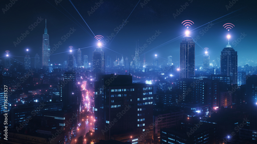 City Lights Sparkle with Independence Day Fireworksetwork digital hologram and Internet of things on the city background , wireless systems