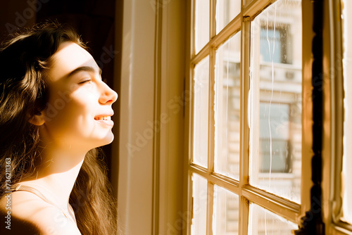 A young woman smiles as she enjoys the warm sunlight pouring through the window, capturing the essence of summer's hope and the rejuvenation of spring