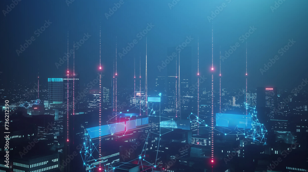 Fototapeta premium City Lights Sparkle with Independence Day Fireworksetwork digital hologram and Internet of things on the city background , wireless systems