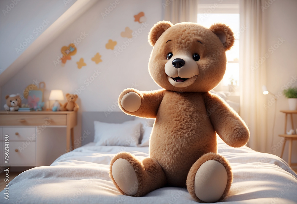 Stunning ink and watercolor illustrations. Adorable little very happy smiling teddy bear on the bed in a bright bedroom. very minimalistic background with copy space