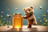 Stunning ink and watercolor illustrations. Adorable little very happy smiling teddy bear with a jar of honey. very minimalistic background with copy space