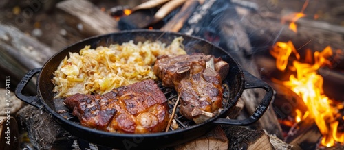 Delicious meat and rice cooking on a crackling campfire in the wilderness