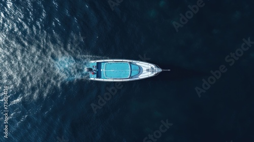 an aerial view of a motorboat on the water photo
