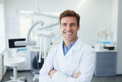 Smiling doctor in white coat. Professional healthcare worker in clinic setting.
