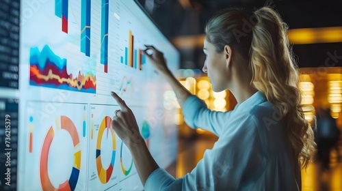 businesswoman analyzing a market on an electronic screen. business analytics, market analyze concept  photo