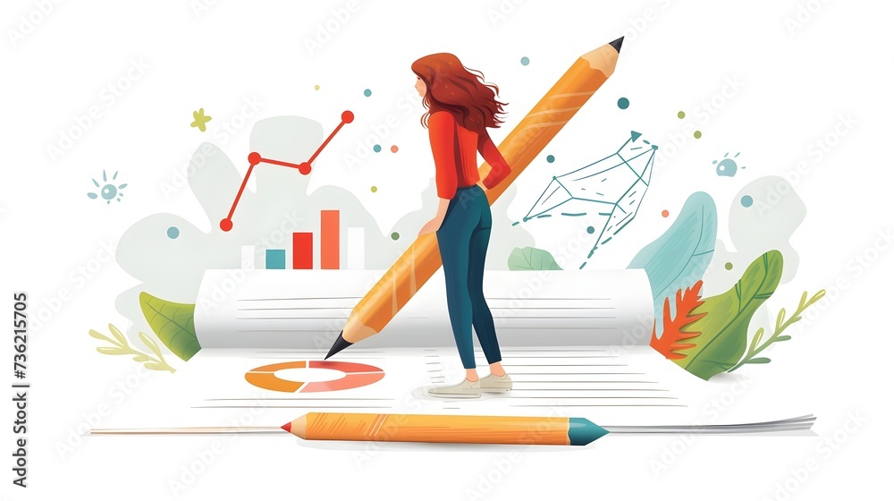 a businesswoman standing on a large document with a business plan and drawing a diagram on it with a large pencil. business plan concept a businesswoman standing on a large document with a business plan and drawing a diagram on it with a large pencil. business plan concept
