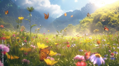 A sunlit meadow alive with the gentle fluttering of butterflies, as they flit from flower to flower in search of nectar
