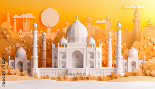 Paper cut style vector image of India with Taj Mahal and skyline with world famous landmarks