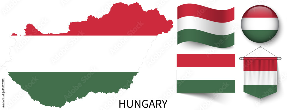 The various patterns of the Hungary national flags and the map of Hungary's borders
