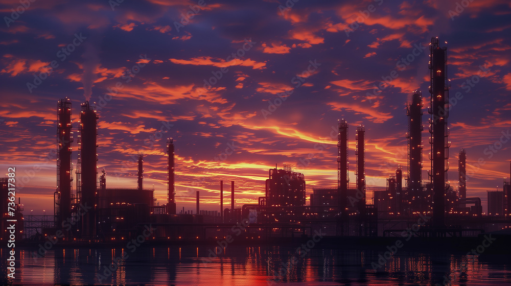 Sunset Refinery: A towering industrial plant emits smoke into the sky amidst the glowing sunset, blending technology with the environment
