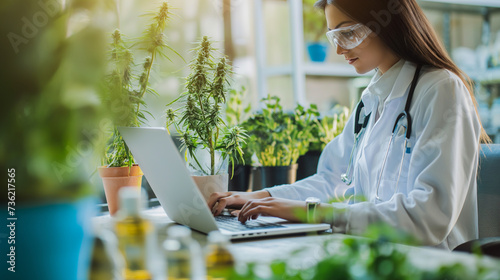 A female researcher wearing a ground cover uses a laptop to record and analyze cannabis plants for commercial cultivation. alternative herbal medicine