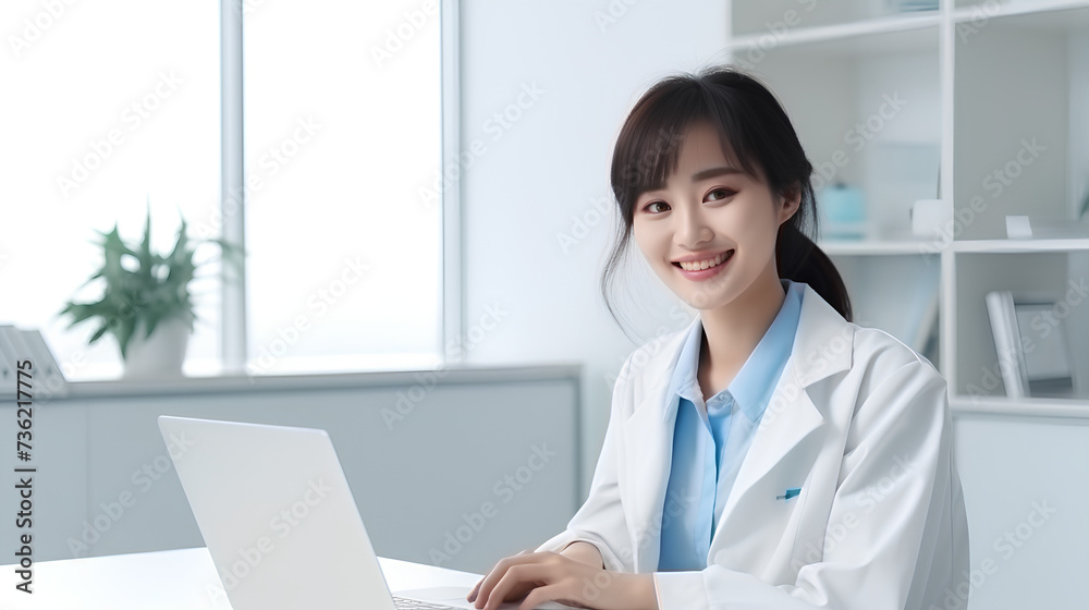 Smiling young asian female pharmacist in white pharmacy office, sitting by laptop, consultant usage medicine. Healthcare and pharmacy concept. Smiling young asian female pharmacist in white pharmacy office, sitting by laptop, consultant usage medicine. Healthcare and pharmacy concept.