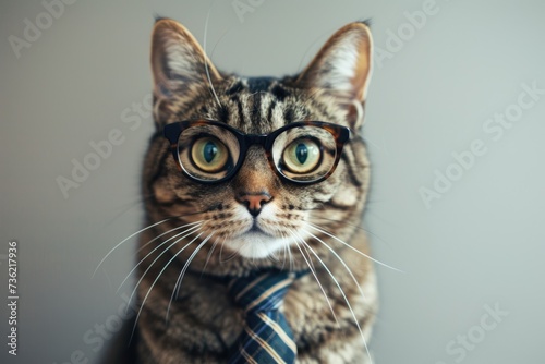 Business cat wearing glasses and a tie on an empty background with copy space