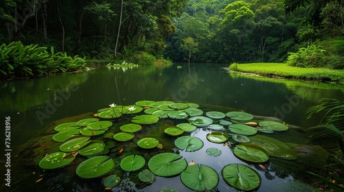 A tranquil pond surrounded by lush greenery, with delicate water lilies floating on its surface © GraphicXpert11