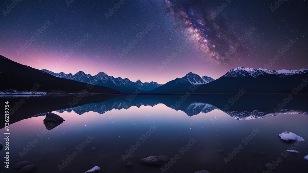 lake in the mountains _A starry night over a snowy mountain range. The milky way is visible in the sky,  