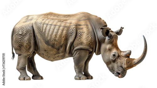 A majestic rhinoceros with its mouth agape, showcasing its powerful horn and wild spirit, roams the safari alongside its fellow terrestrial animals such as elephants and tusked creatures, embodying t photo