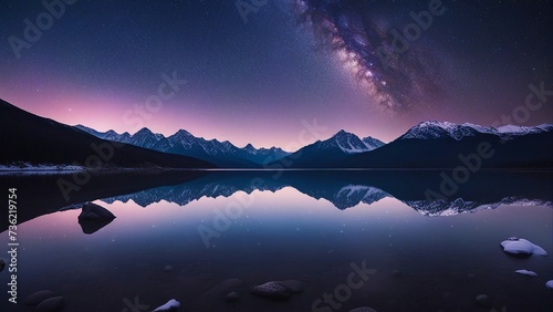 lake in the mountains _A starry night over a snowy mountain range. The milky way is visible in the sky, 