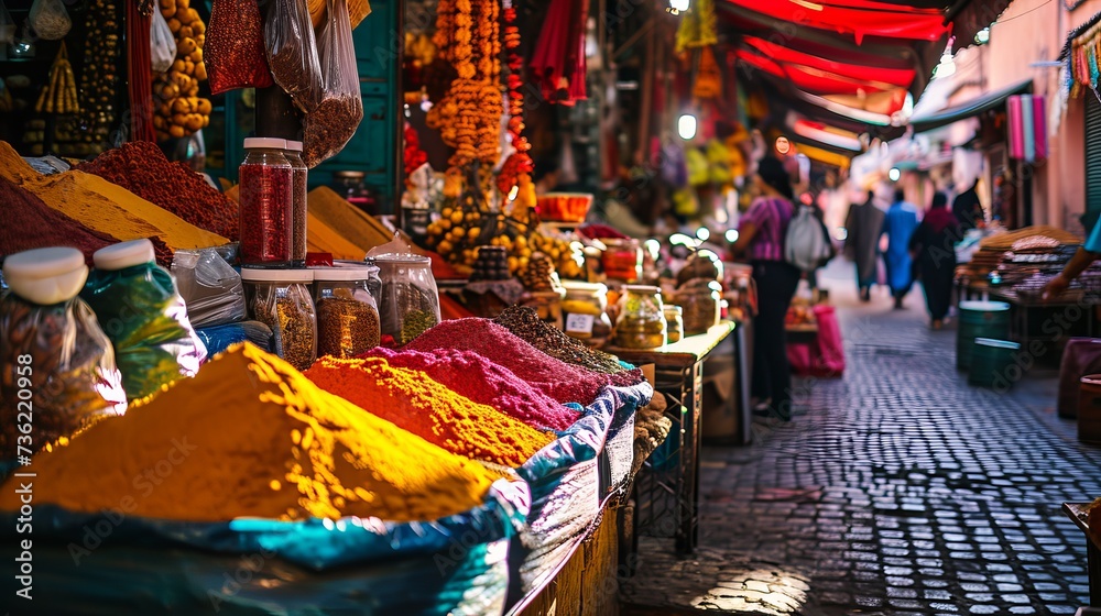 Colorful Array of Spices in a Traditional Market Setting