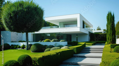 Hedges around modern luxury house. © Santy Hong