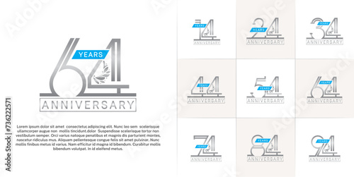set of anniversary logotype silver color with ornament and blue ribbon for special celebration event