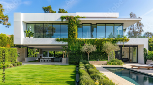 Hedges around modern luxury house. © Santy Hong