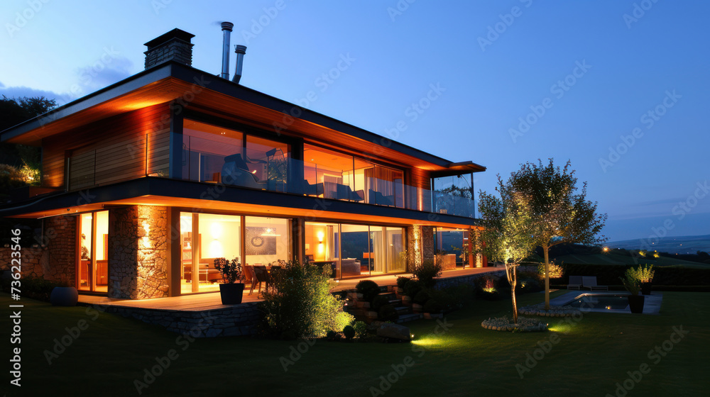 Modern house illuminated at night. Modern house illuminated at night.