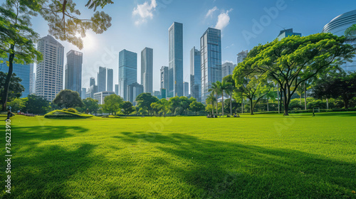 Public park and high-rise buildings cityscape in metropolis city center. Green environment city and downtown business district in panoramic view. © Santy Hong