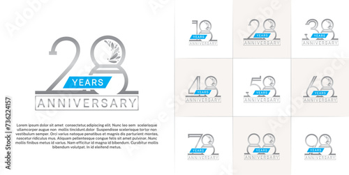 set of anniversary logotype silver color with ornament and blue ribbon for special celebration event