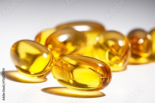 Yellow gel capsules, vitamin E, vitamin D, white background.