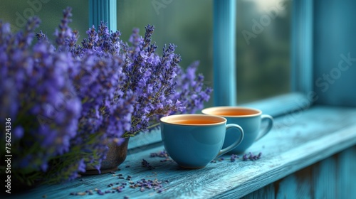 cups of tea and lavender flowers photo