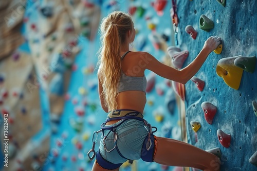 An attractive woman doing rock climbing portrait taken from back with space for text, Generative AI.