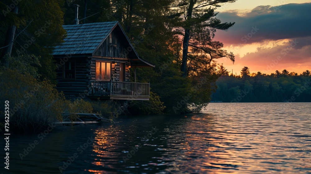Fototapeta premium Dusk View of Illuminated Cabin by Lake, Nestled in Dense Forest