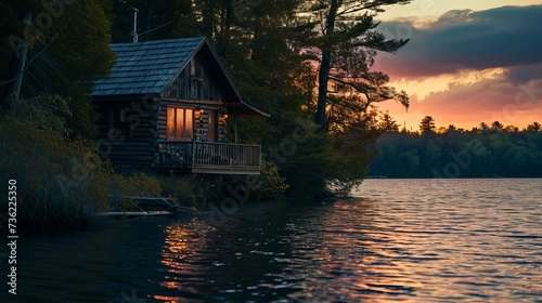 Dusk View of Illuminated Cabin by Lake, Nestled in Dense Forest