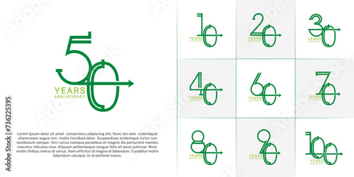 set of anniversary logotype green color with arrow for special celebration event