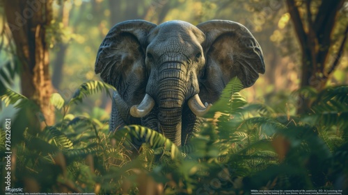 Majestic Elephant in Lush Forest - A stunning portrait of a majestic elephant surrounded by the vibrant greenery of its natural habitat, showcasing the animal's powerful presence