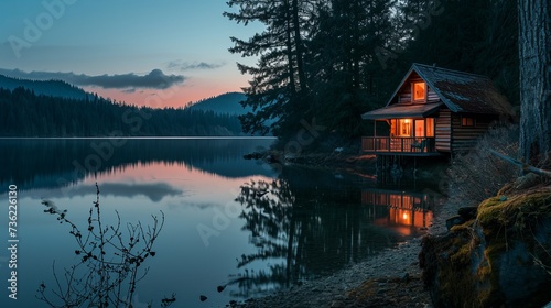 Warm Glow from Lakeside Cabin in Dense Forest at Dusk