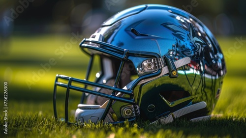 Reflective Blue Helmet on Turf - A high-definition image of a blue American football helmet reflecting the surroundings on the field, merging safety and style. © Mickey