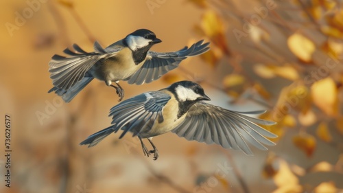 Birds in Harmonious Flight - Two birds in perfect sync against an autumn backdrop, embodying freedom and grace.