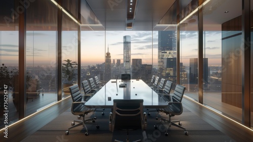 Sunset Reflections in Executive Office - A tranquil boardroom setting reflects the changing hues of a city at sunset.